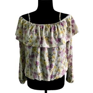 Hippie Rose Juniors Ruffled Off-The-Shoulder Long Sleeve - Ivory‎ Floral/Size L